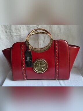 Dasein Red Gold Ring Handle Studded Satchel Handbag NWT